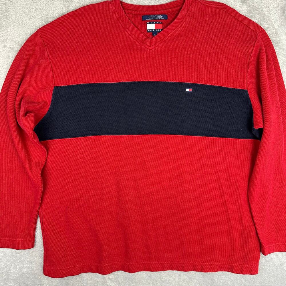 Y2K Tommy Hilfiger Red Blue Stripe V-Neck Ribbed Knit Sweater Mens XL Preppy